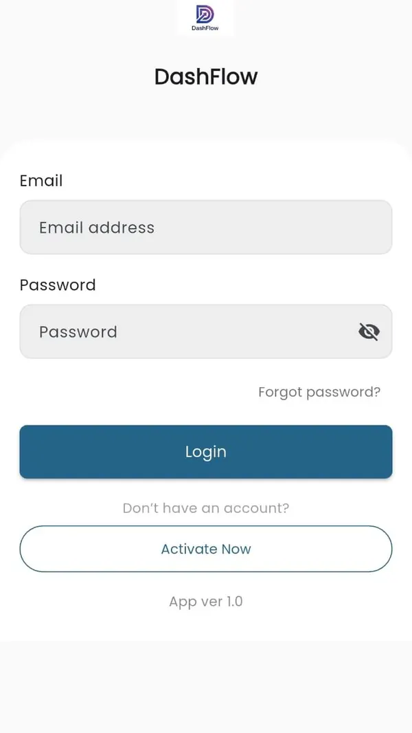 DashFlow login screen with email and password fields