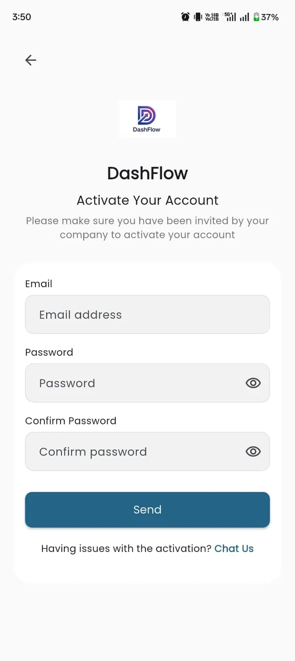 DashFlow account activation screen for invited employees