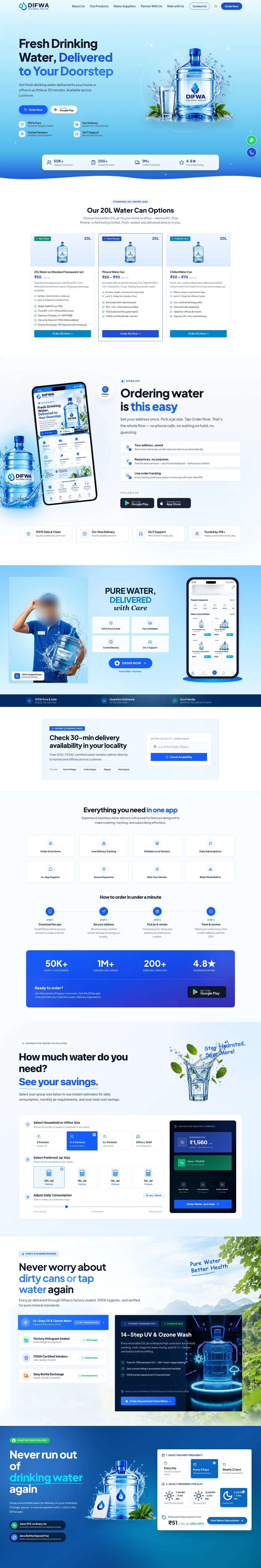 The Difwa home page on desktop: hero, can options and prices, the app section, coverage check, features, water calculator and recurring delivery scheduler