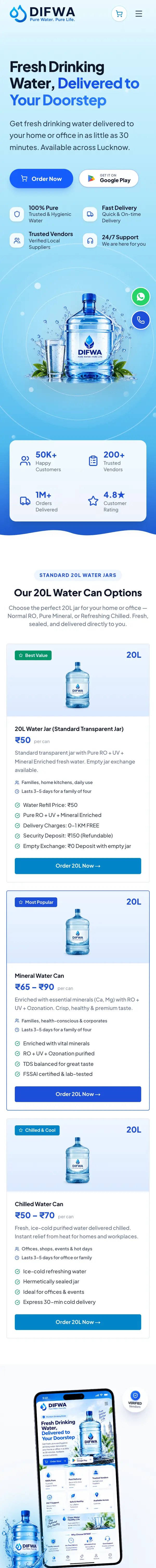 The Difwa home page on a phone: hero, the three 20 litre can options with prices and the start of the app section