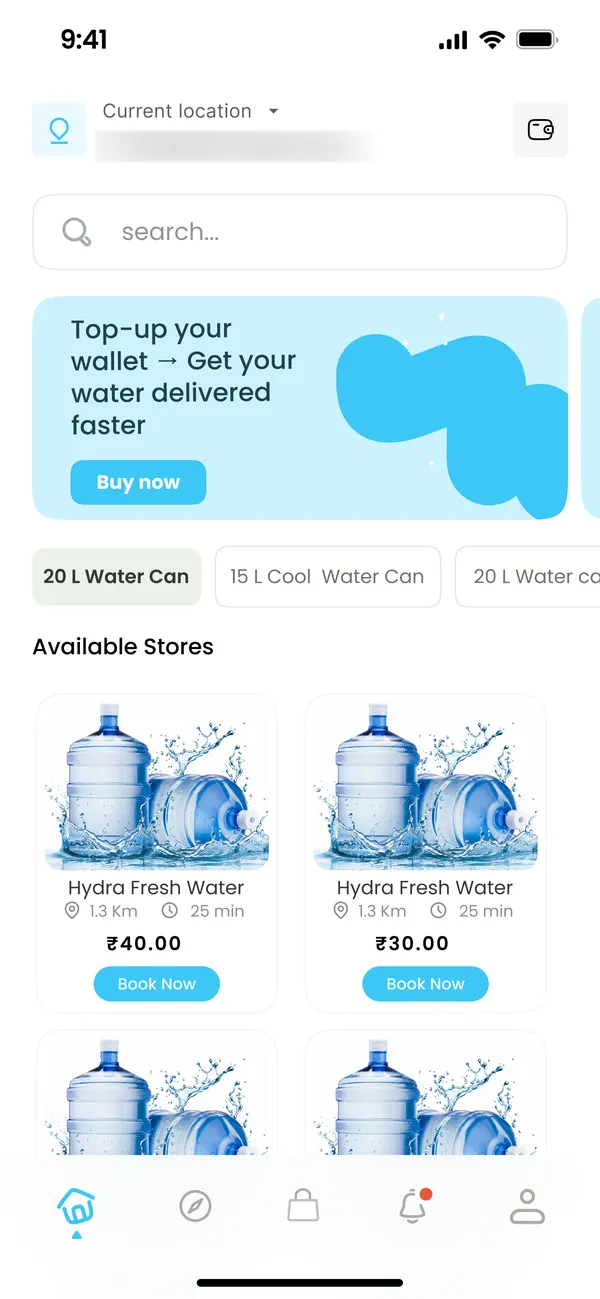 Difwa customer app home: search, a wallet top-up banner and available stores with the price per can