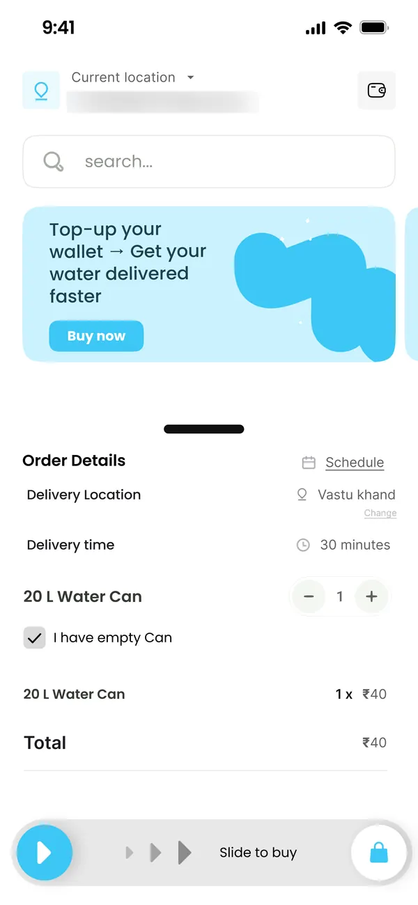Difwa order details: delivery location and time, can quantity, the empty-can option and Slide to buy