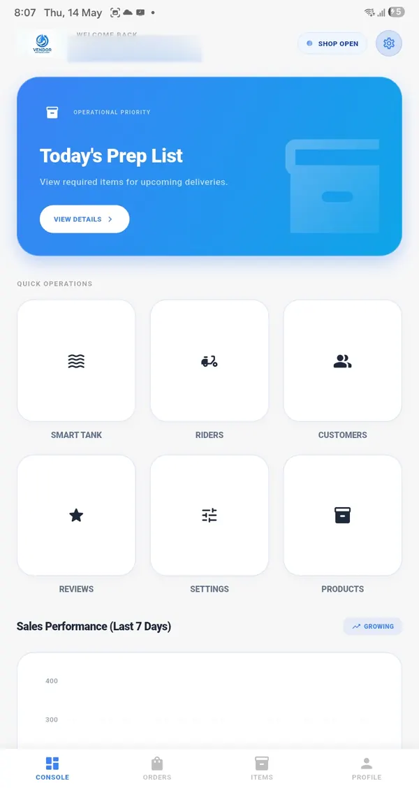 Difwa Partner console: prep list card, quick operations and the seven-day sales chart