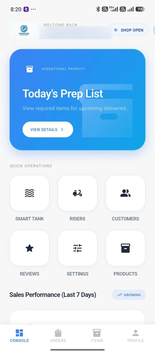 Difwa Partner console with Smart Tank, Riders, Customers, Reviews, Settings and Products tiles