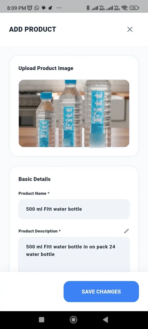 Difwa Partner Add Product form with a bottled-water product photo, name and description