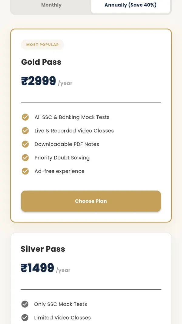 Examinantt pricing screen with Gold and Silver passes and their features