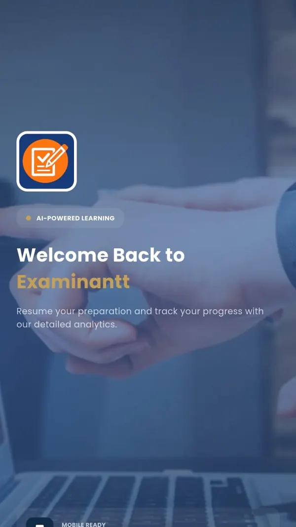 Examinantt welcome back screen with the app logo