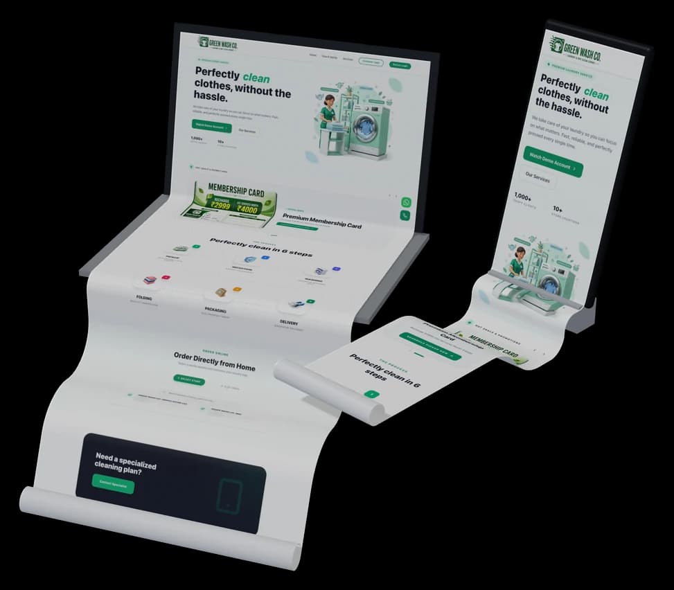 Green Wash Co.: the live site as a long scroll on a laptop and a phone
