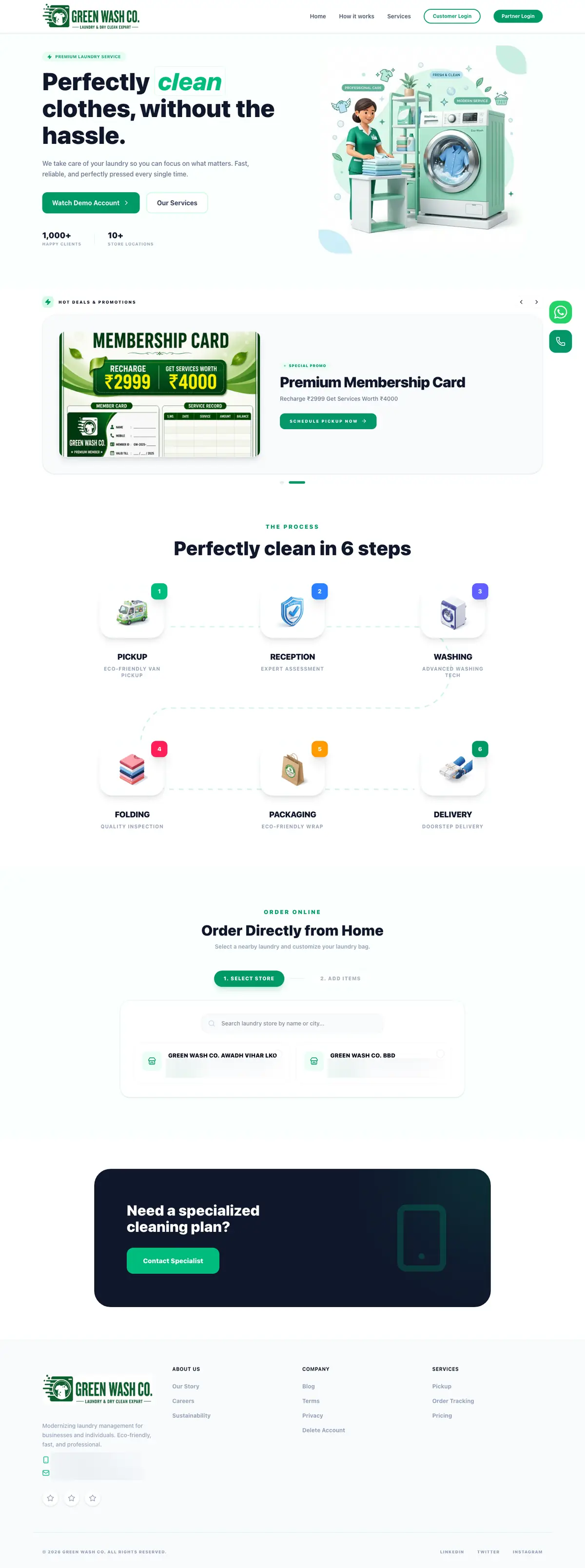 The full Green Wash Co. home page on desktop: hero, promotions carousel, six-step process, the store and laundry bag ordering section and the footer, with store addresses and contact details blurred