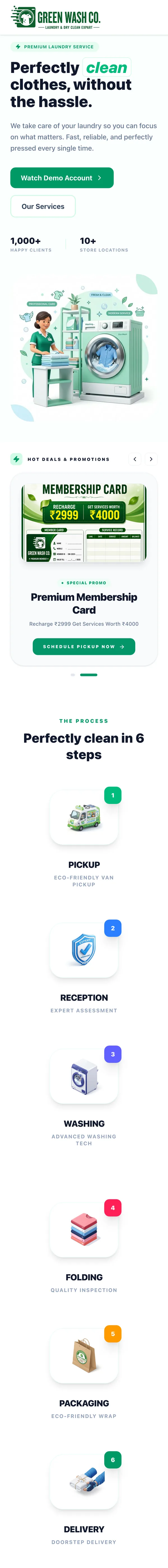 The Green Wash Co. home page on a phone: hero, membership card promotion and the six-step laundry process