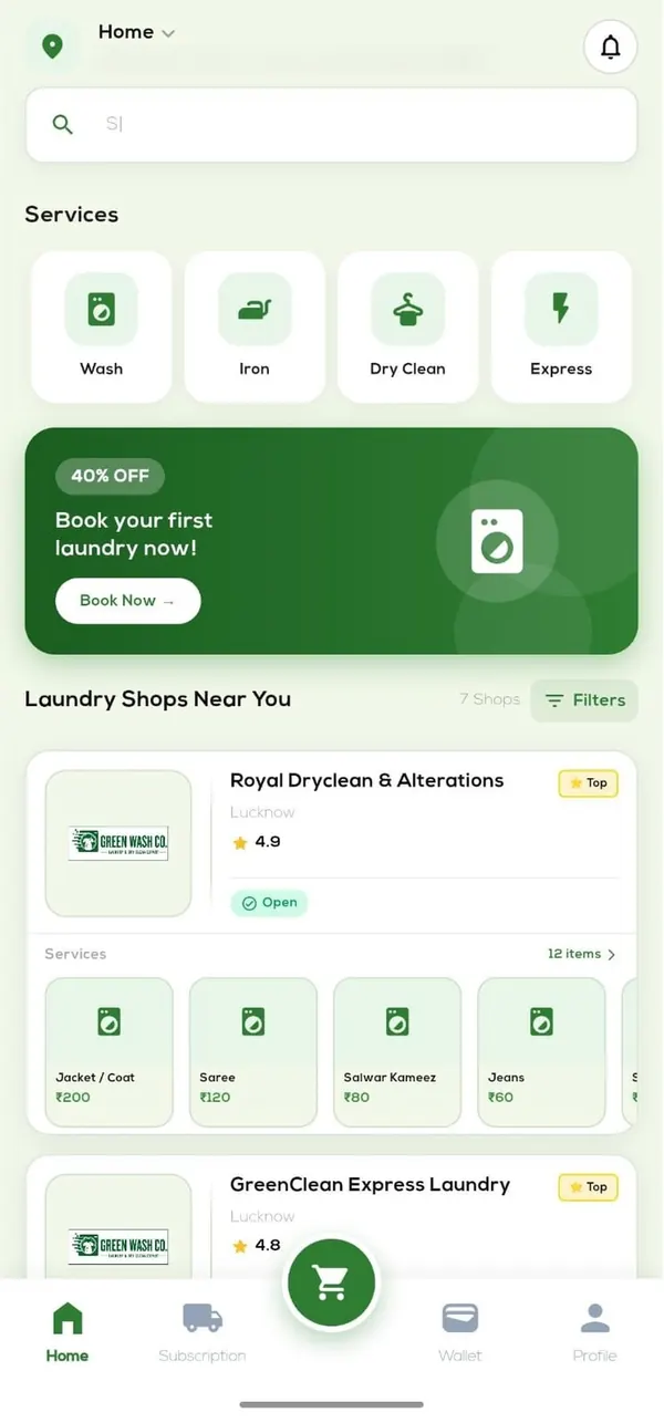 Green Wash customer app home: location bar with the address blurred, Wash, Iron, Dry Clean and Express services, a first-order offer banner and nearby laundry shops