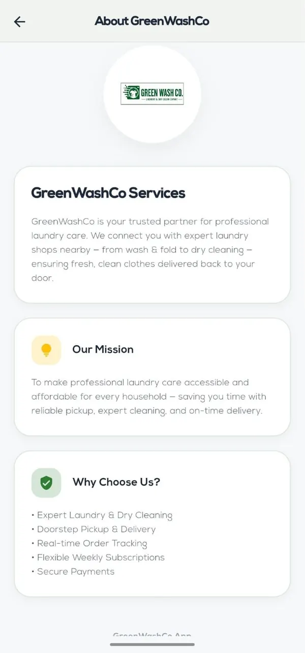 Green Wash customer app About screen describing the service, its mission and why to choose it