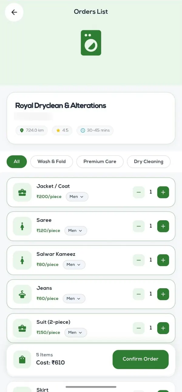 Green Wash customer app order list for a shop, with per-piece prices for jackets, sarees, salwar kameez, jeans and suits and a Confirm Order bar