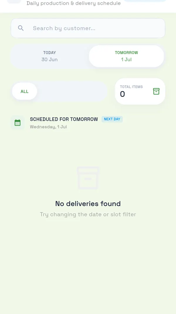 GreenWash Vendor app delivery schedule with Today and Tomorrow tabs and an empty state