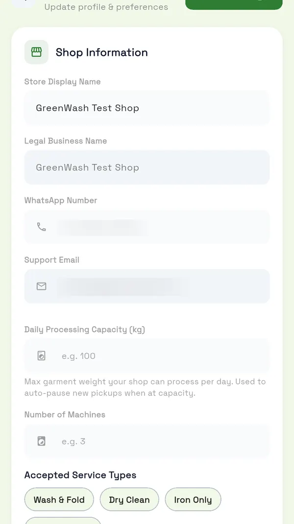 GreenWash Vendor app shop information form: store and legal names, contact fields blurred, processing capacity, machines and accepted service types