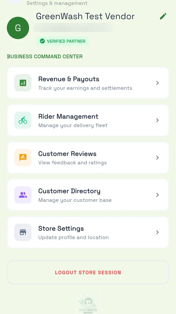 GreenWash Vendor app settings menu: revenue and payouts, rider management, customer reviews, customer directory and store settings