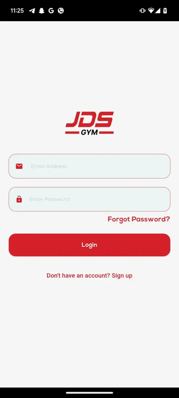 JDS Gym login screen with the gym logo and email and password fields