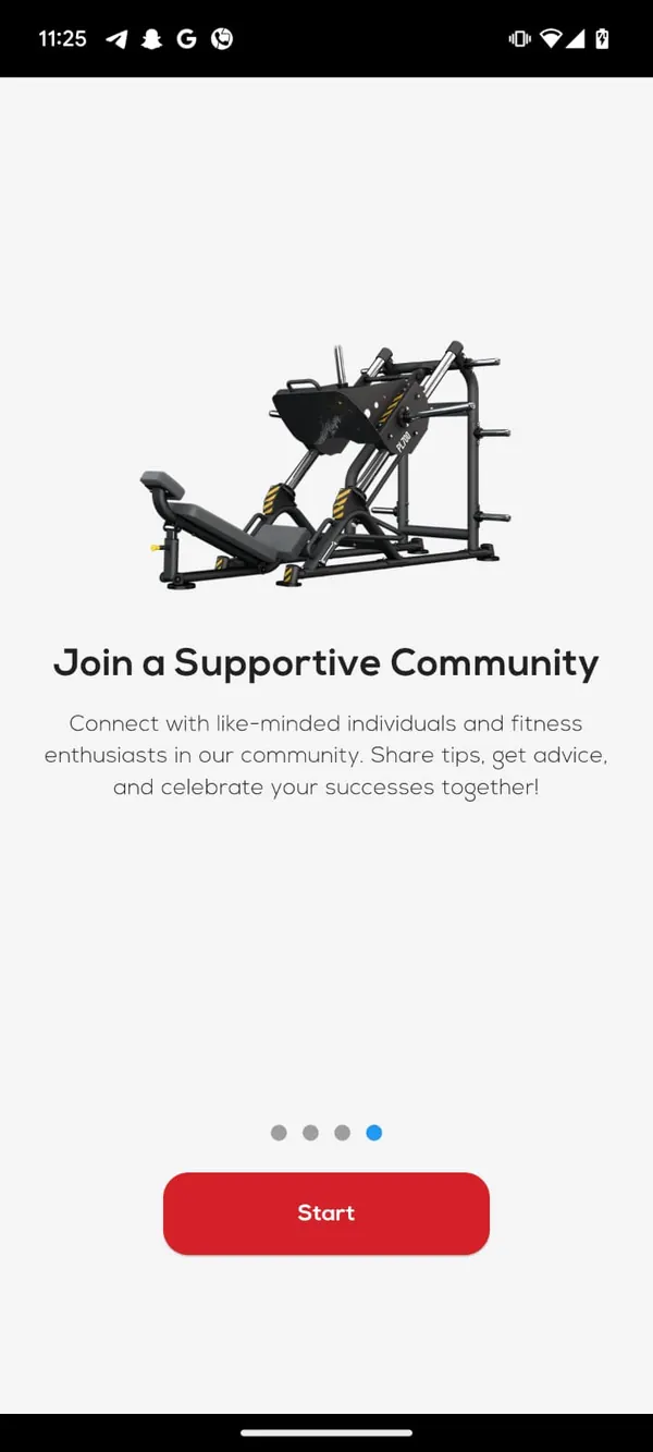 JDS Gym onboarding screen titled Join a Supportive Community, with a leg-press machine