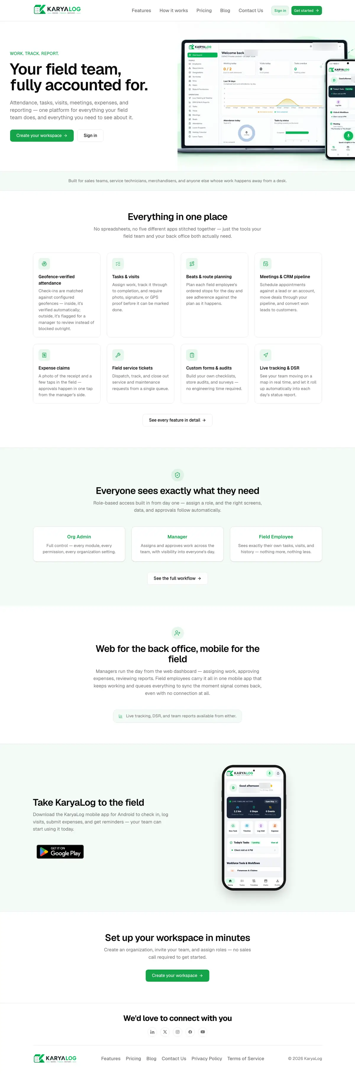The KaryaLog home page on desktop, from the hero and feature grid to the roles, the Android app section and the footer
