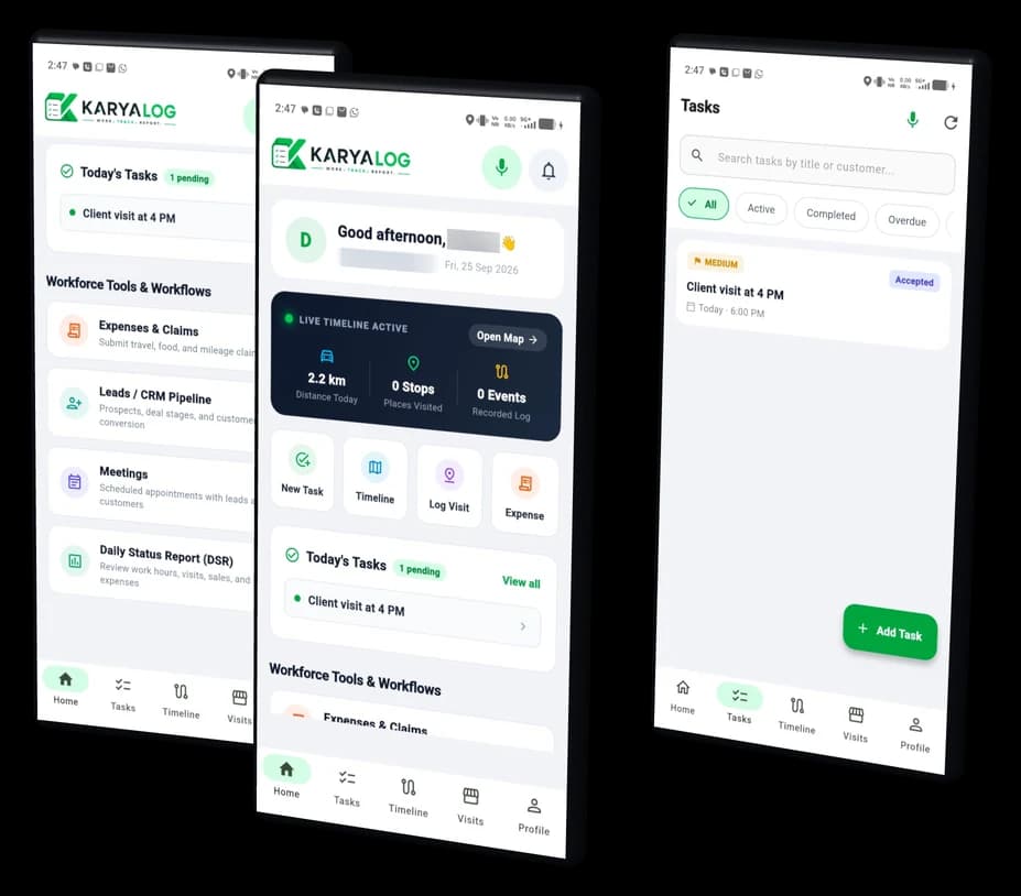 KaryaLog: the app screens on phones