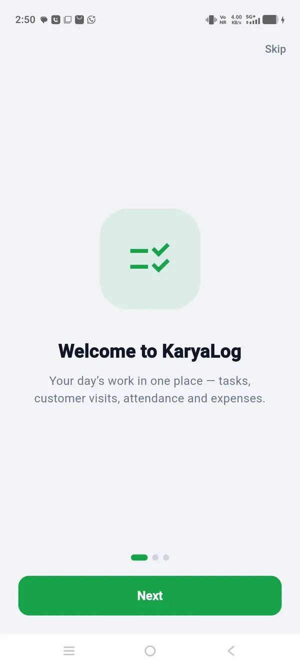 KaryaLog Android app welcome screen with a Next button