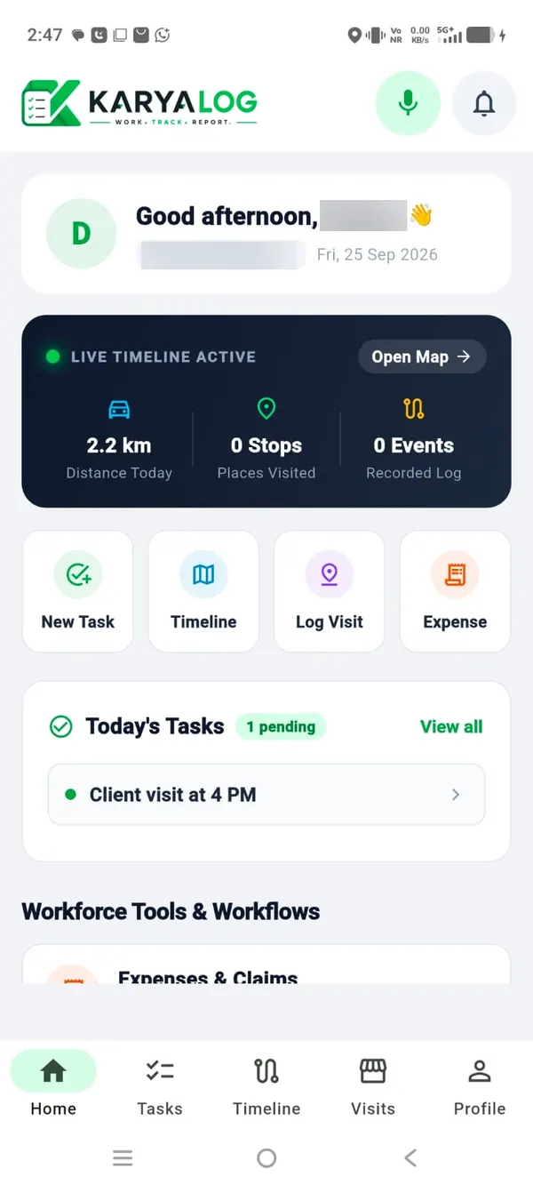 KaryaLog Android app home screen: greeting, live timeline with distance, stops and events, quick actions and today’s tasks
