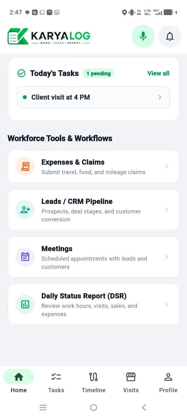 KaryaLog Android app tools list: expenses and claims, leads and CRM pipeline, meetings and the daily status report