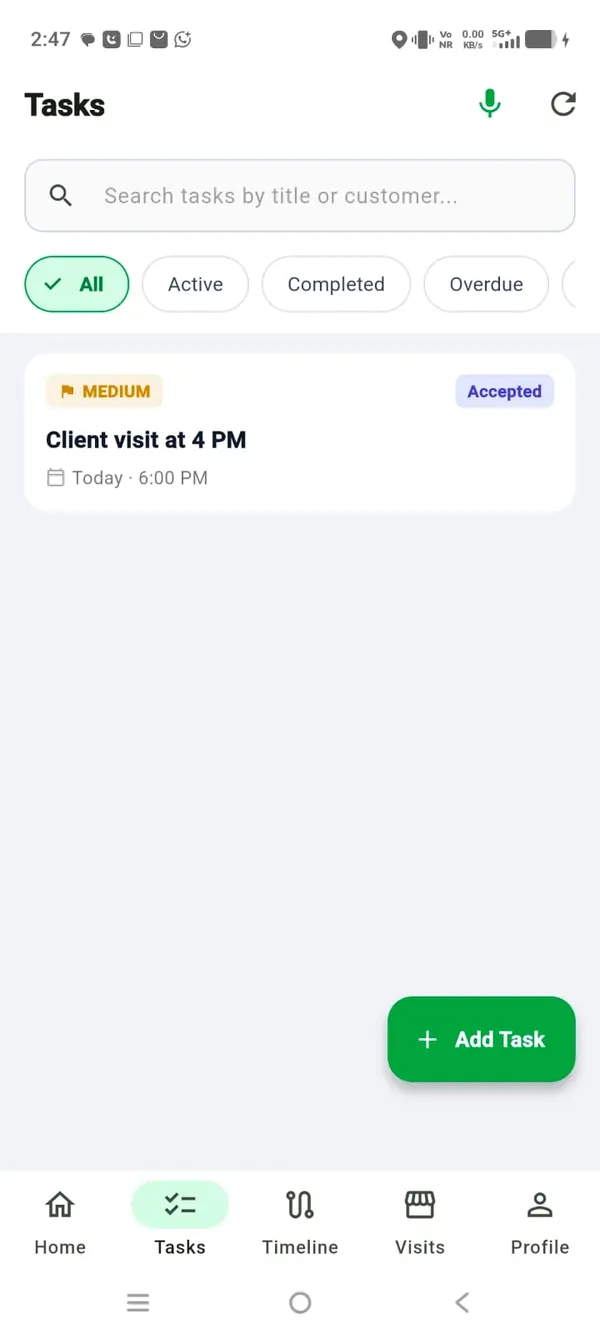KaryaLog Android app task list with status filters and a client visit task marked Accepted
