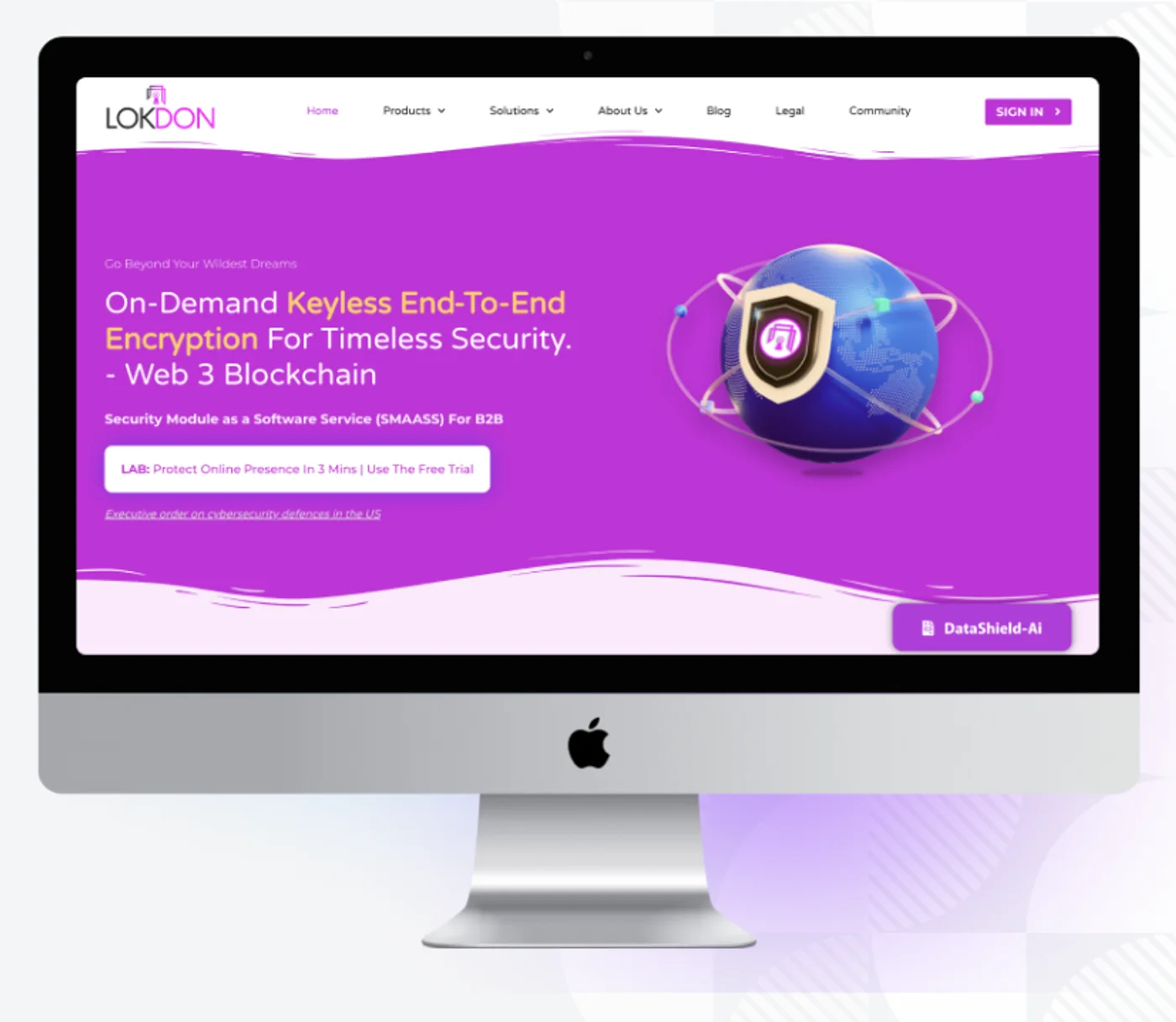 The LokDon website on a desktop monitor: the navigation bar and a purple hero about keyless end-to-end encryption beside a shield-and-globe illustration