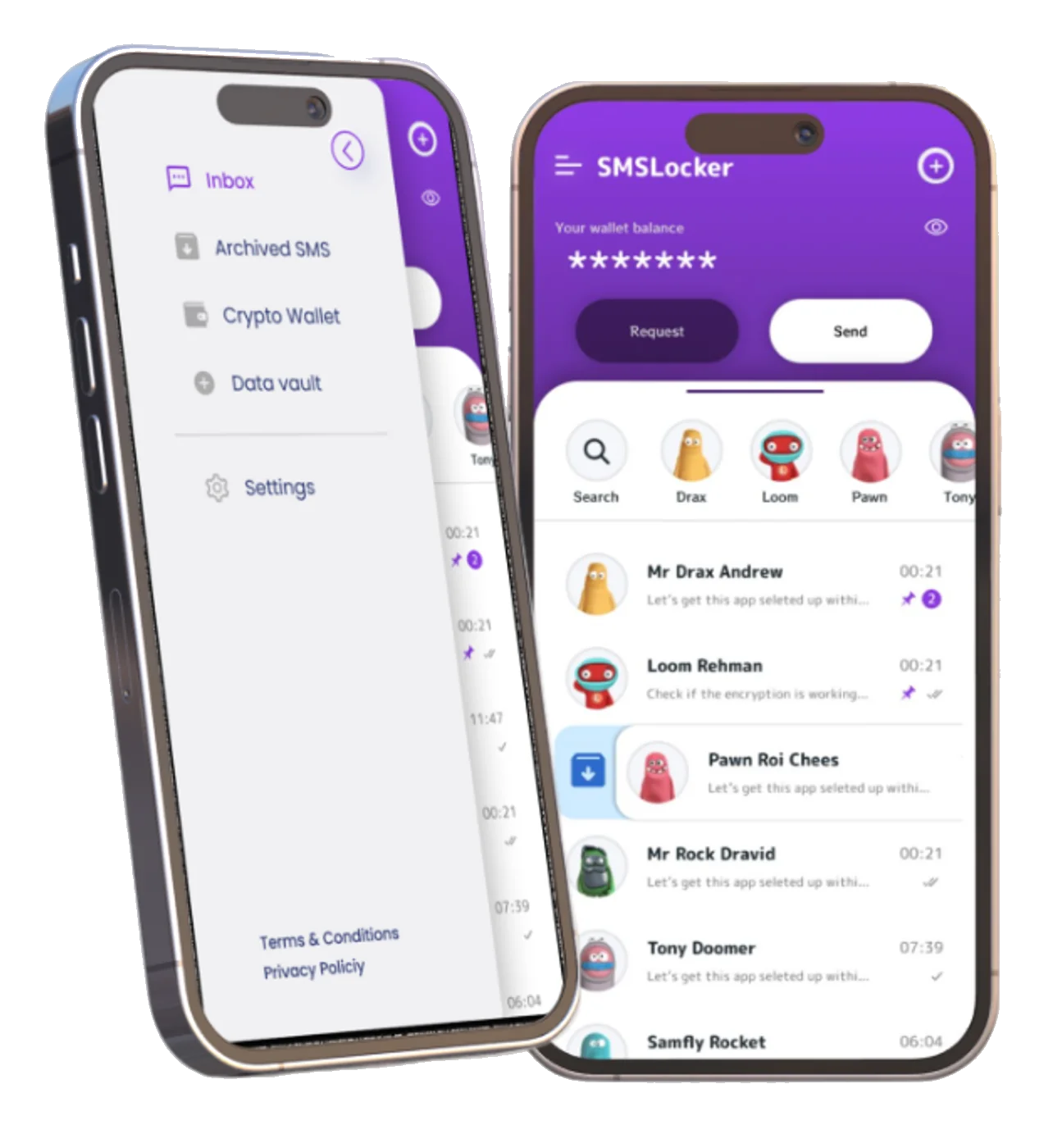 Two phones showing the Wallet SMS Lockr app: a side menu listing inbox, archived SMS, crypto wallet, data vault and settings, and the home screen with a masked passcode and a message list