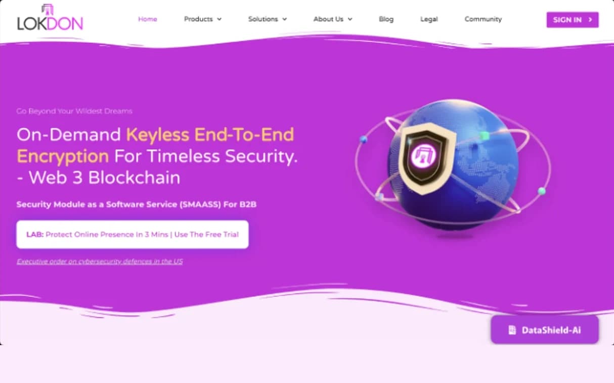 The LokDon home page in a browser: a purple hero about on-demand keyless end-to-end encryption beside a shield-and-globe illustration
