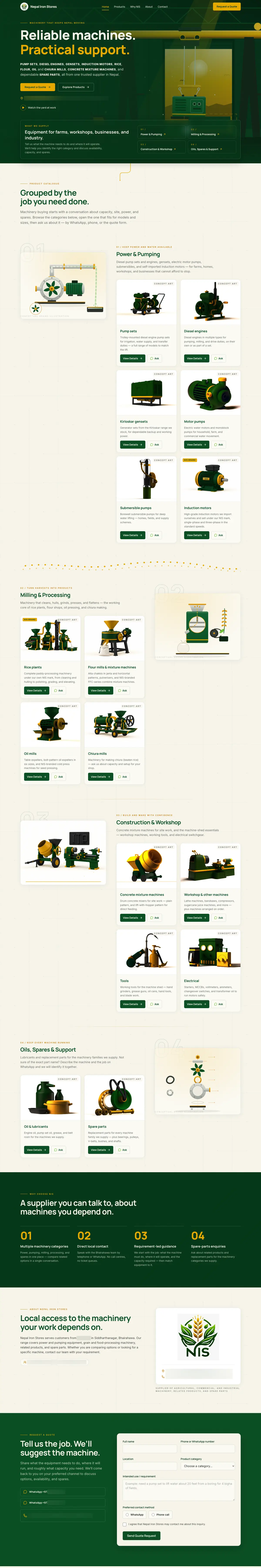 The Nepal Iron Stores home page on desktop, from the hero through the product families, the Why NIS points, the About section and the quote form