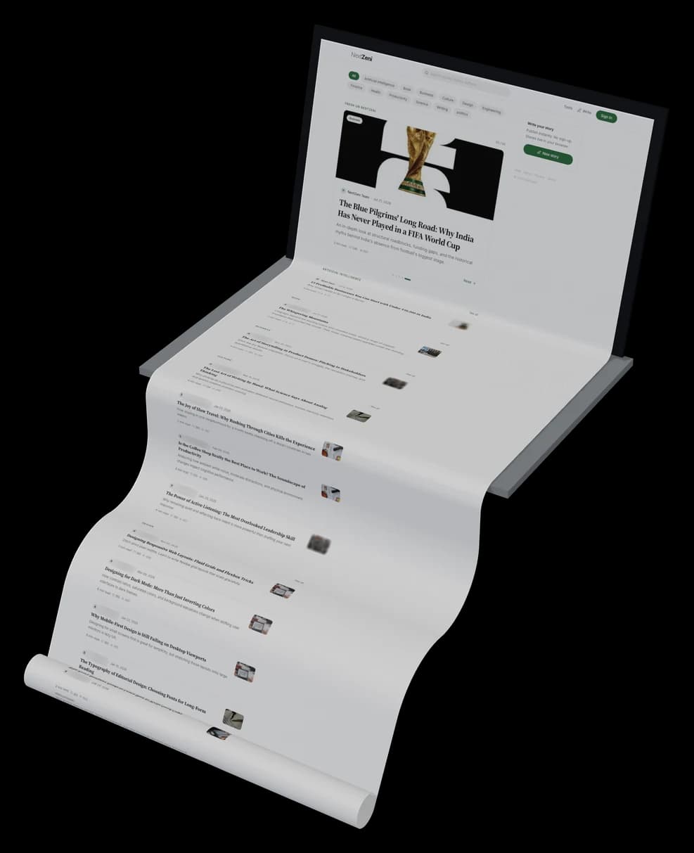 NextZeni: the live site as a long scroll on a laptop