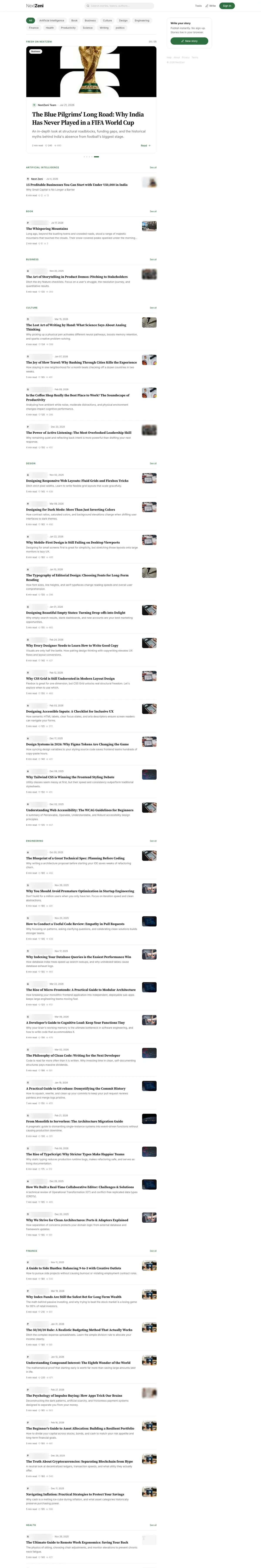 The NextZeni home page on desktop: category filters, the featured story, the Write your story panel and article lists by topic