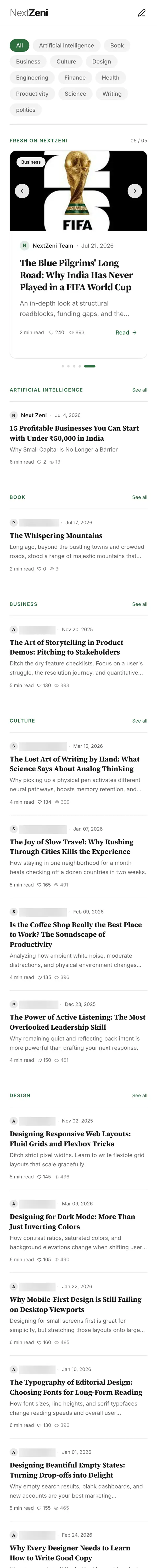 The NextZeni home page on a phone: category filters, the featured story and article lists