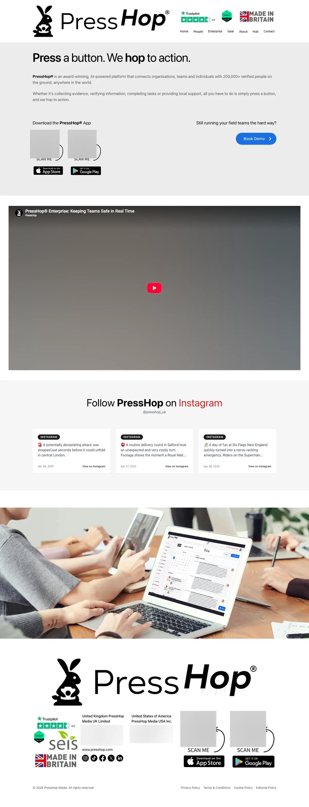 The full PressHop home page on desktop: hero with app download badges and a Book Demo button, an embedded video (blurred), Instagram post cards, a team photo and the footer, with QR codes and contact details blurred