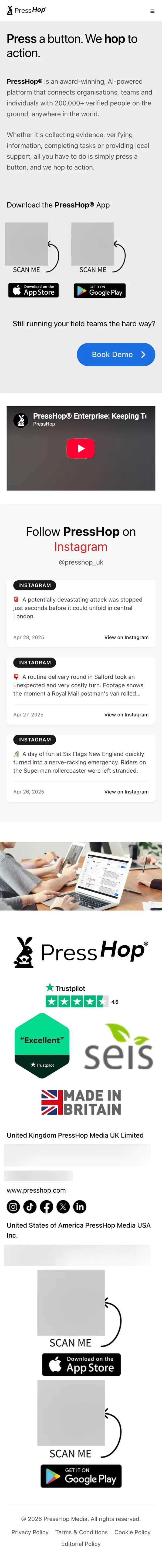The PressHop home page on a phone: hero, app download block with QR codes blurred, Book Demo button, Instagram post cards and the footer
