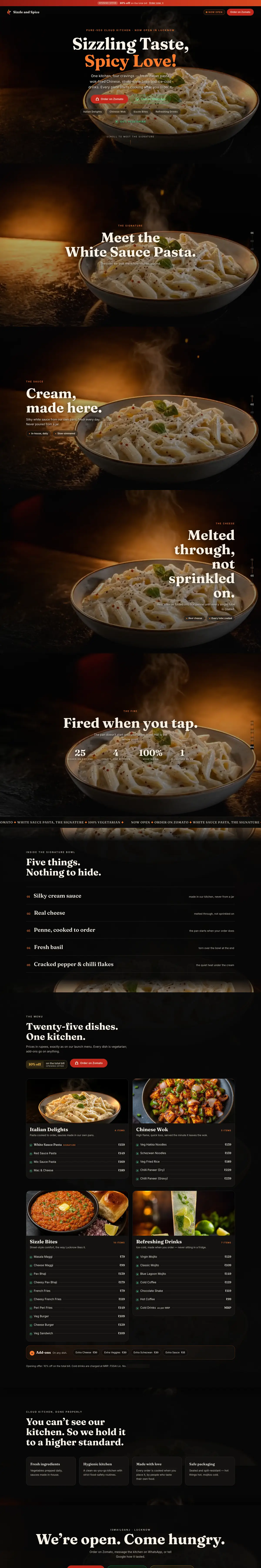 The Sizzle and Spice home page on desktop: the video hero, the four White Sauce Pasta chapters, the ingredient list and the start of the menu