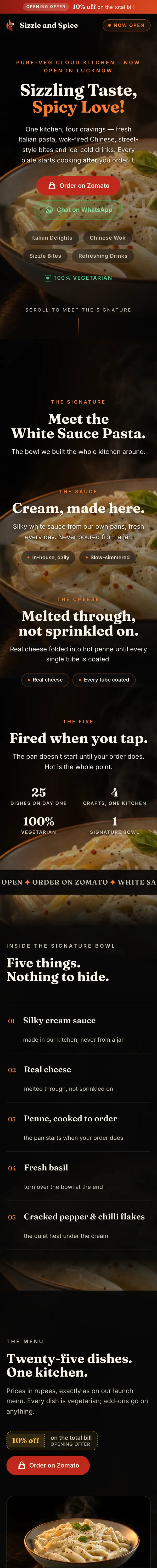 The Sizzle and Spice home page on a phone: the hero, the stacked pasta chapters, the stat strip and the ingredient list