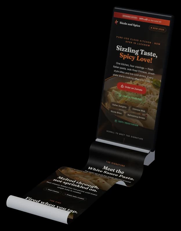 Sizzle and Spice: the live site on a phone, its full page flowing out as one long sheet