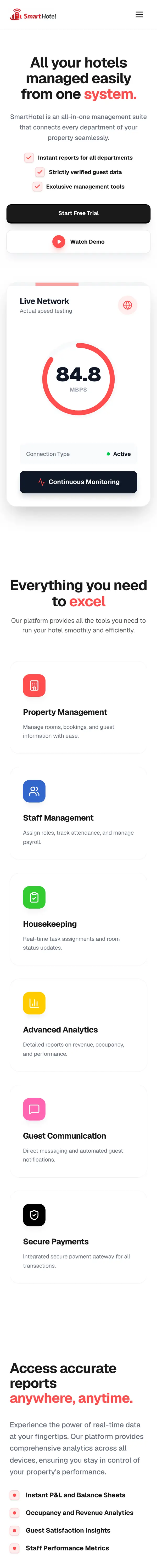 The SmartHotel home page on a phone: hero, the network status card, feature cards and the reports section