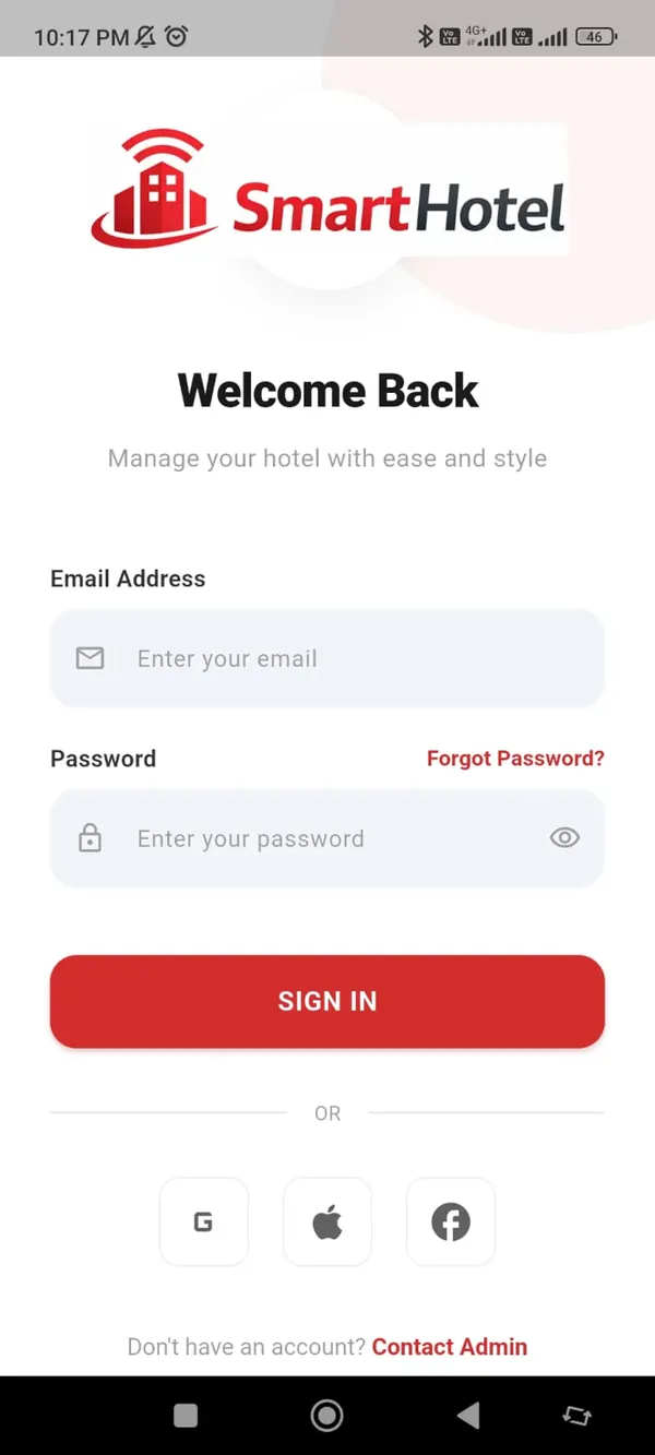 Smart Hotel app sign-in screen with email and password fields and social sign-in buttons