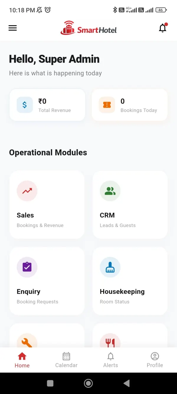Smart Hotel app home: revenue and bookings tiles above the Sales, CRM, Enquiry and Housekeeping modules