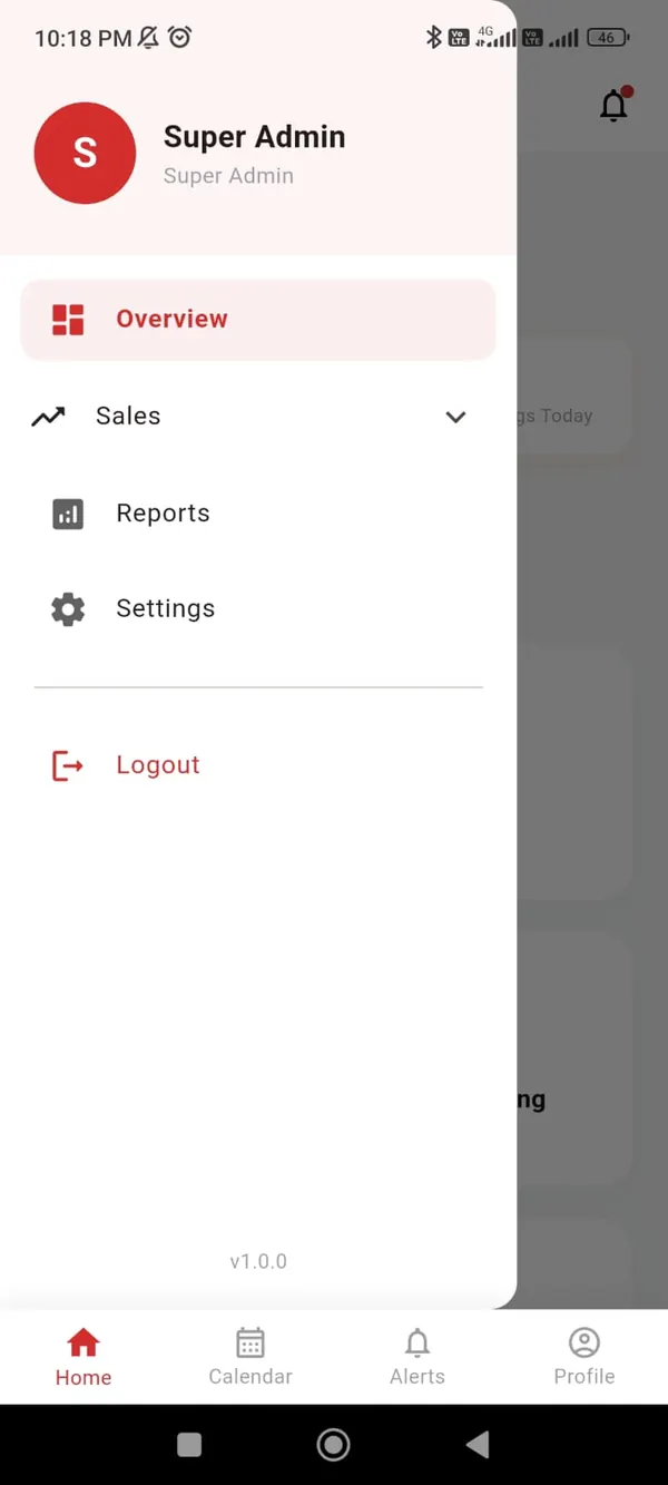 Smart Hotel app side menu with Overview, Sales, Reports, Settings and Logout