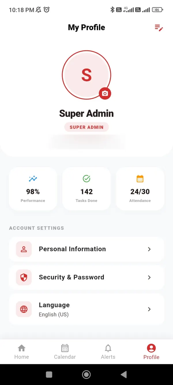 Smart Hotel app profile: performance, tasks done and attendance tiles above account settings