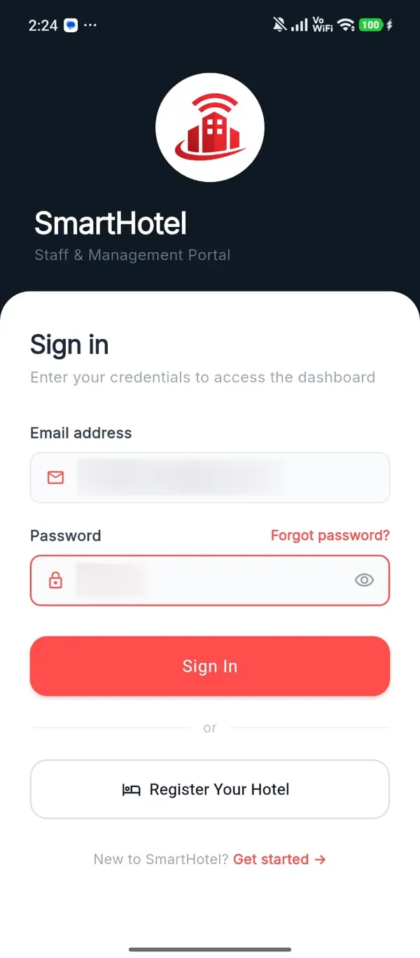 Smart Hotel Accounts sign-in screen with a Register Your Hotel button