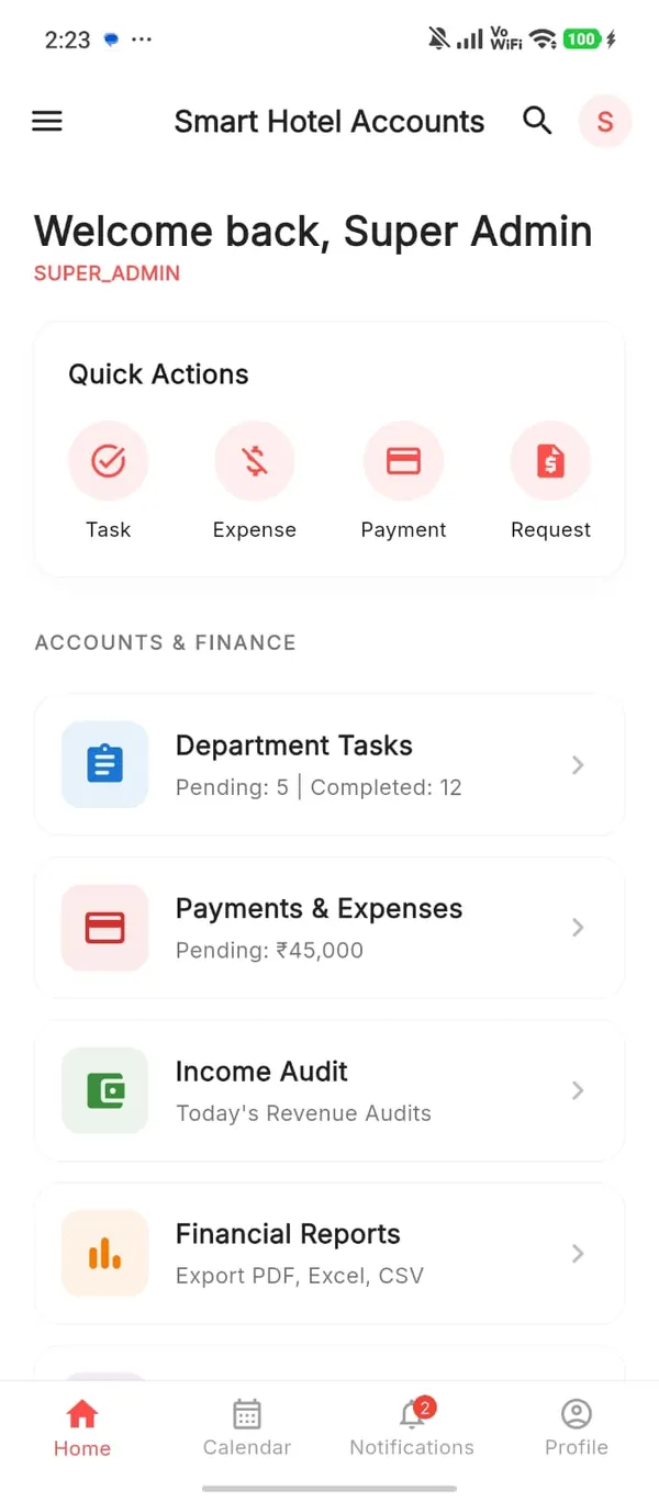 Smart Hotel Accounts dashboard: quick actions above Department Tasks, Payments and Expenses, Income Audit and Financial Reports