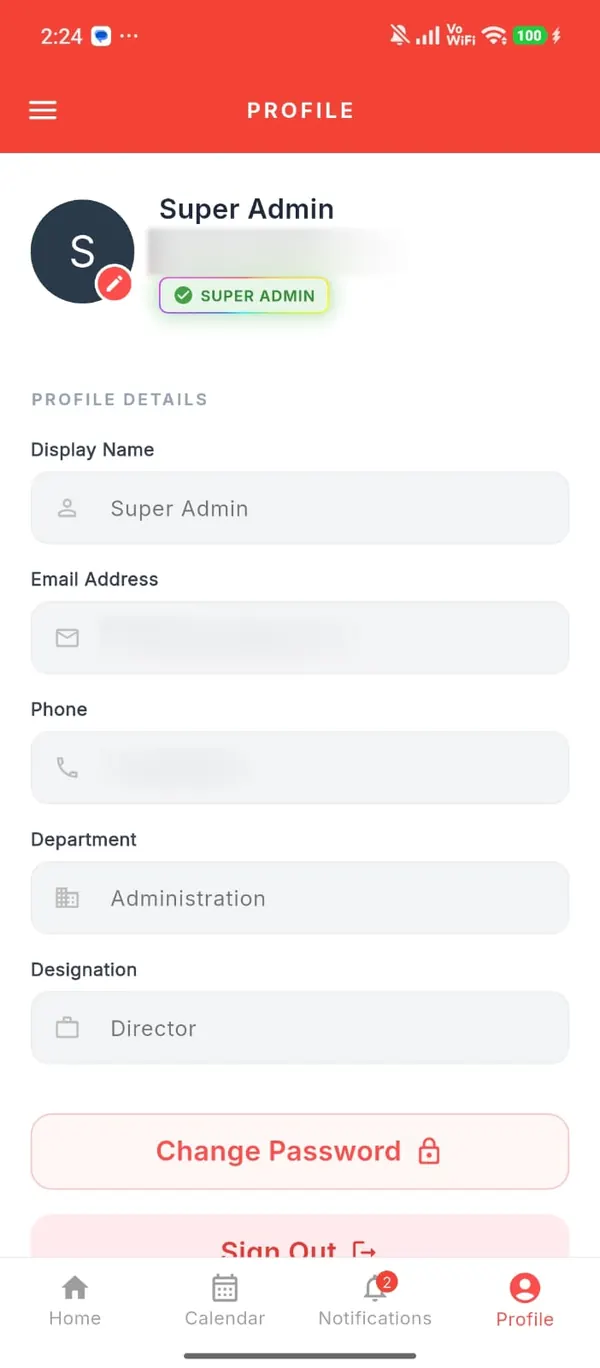 Smart Hotel Accounts profile details with display name, department and designation fields