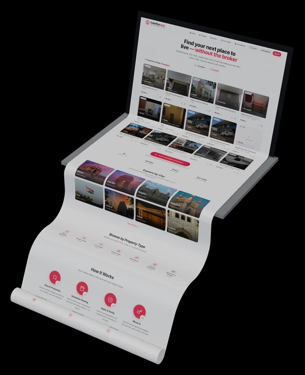 Toletforrent: the live site as a long scroll on a laptop
