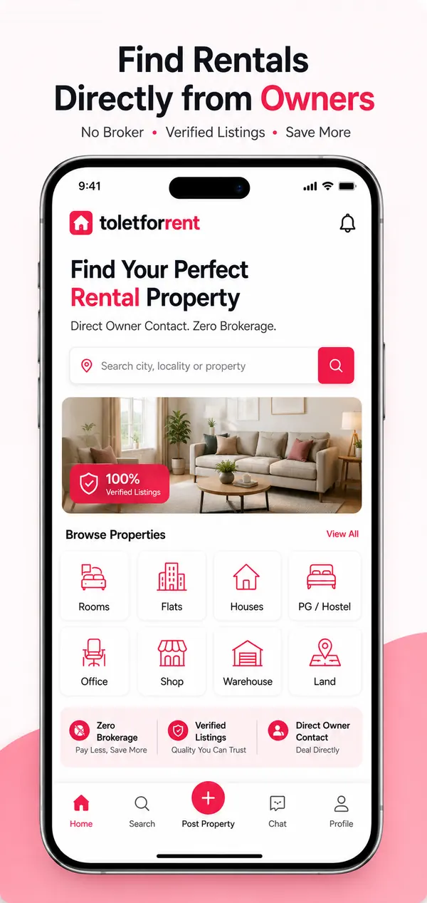 Toletforrent Google Play image: Find Rentals Directly from Owners, with the app home screen